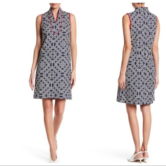 ELIZA J Navy Geometric Print Mandarin Collar Dress - Picture 1 of 8